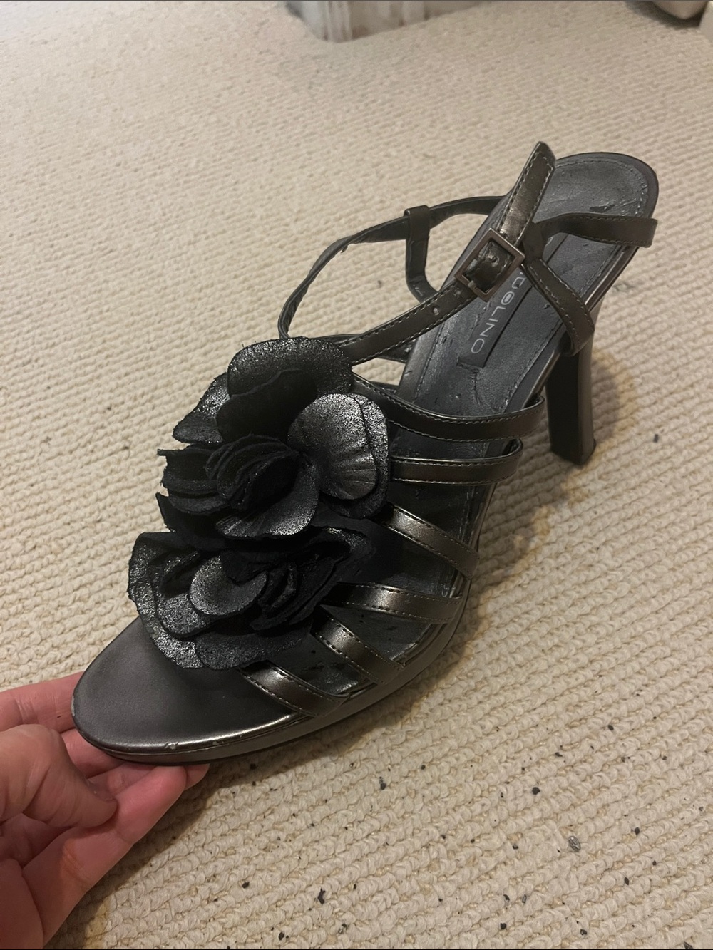 Bandolino Metallic Black Floral Strappy High Heel Sandal